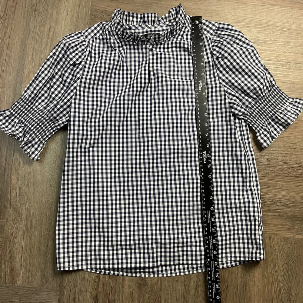 J.Crew Gingham Ruffle Neck Puff Sleeve Boho Cotton Top XS Navy White Cottagecore